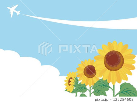 フレーム バナー 夏 向日葵 ひまわり 飛行機 海 空 背景 デザイン テンプレート イラスト素材 フレーム バナー 夏 向日葵 ひまわり 飛行機 海 空 背景 デザイン テンプレート イラスト素材 123284608