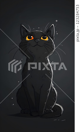 A Felidae carnivore with yellow eyes, whiskers, sitting calmly in darkness 123284753