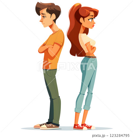 A man and a woman stand back to back with crossed arms and sleeves 123284795