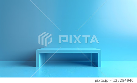 Blue table in a room with blue walls reflecting an aqua sky Blue table in a room with blue walls reflecting an aqua sky 123284940