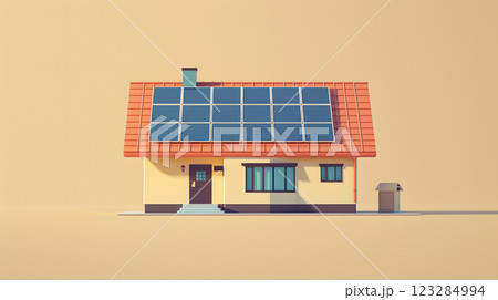 Modern House with Solar Panels and Yellow Background 123284994