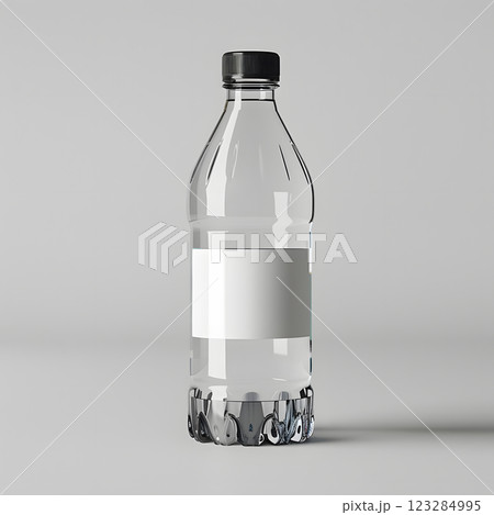 Clear plastic water bottle with white label, black cap 123284995