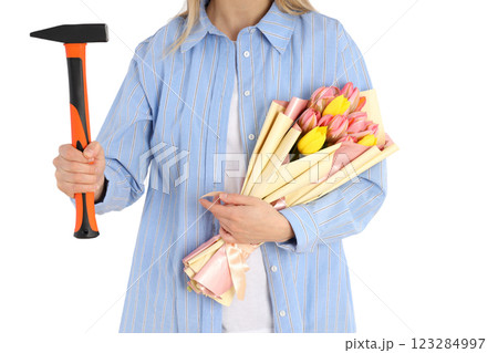 PNG, 8 March. Girl with flowers and a hammer, isolated on a white background. 123284997