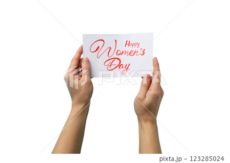 PNG, March 8. Greeting card with greeting in hands, isolated on white background. 123285024