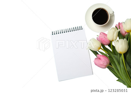 PNG, March 8. Flowers with coffee, croissant and notepad, with space for text, isolated on white background. PNG, March 8. Flowers with coffee, croissant and notepad, with space for text, isolated on white background. 123285031