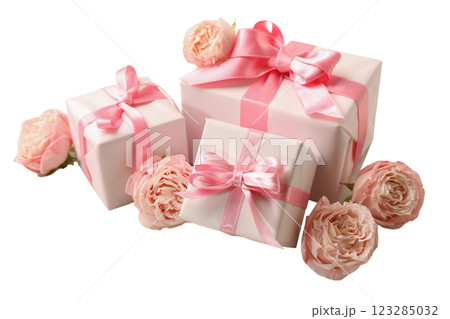 PNG, March 8. Gifts with flowers, isolated on white background. 123285032