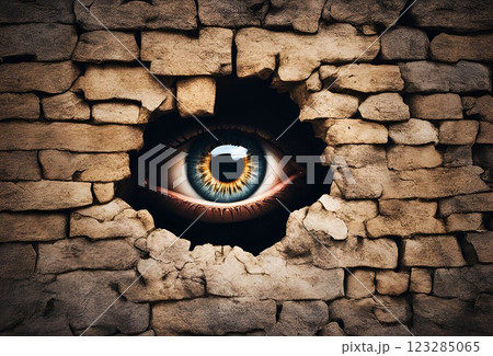 穴の開いた石壁から覗いている人間の目 123285065