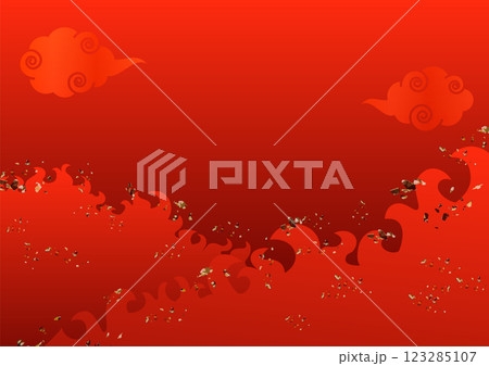 燃える炎、火の粉、中華風の雲が描かれた赤のグラデーション背景ベクターイラスト　A4サイズ横 123285107