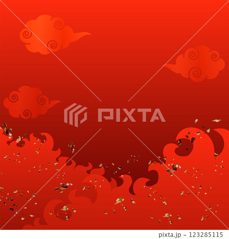 燃える炎、火の粉、中華風の雲が描かれた赤のグラデーション背景ベクターイラスト スクエア正方形 燃える炎、火の粉、中華風の雲が描かれた赤のグラデーション背景ベクターイラスト スクエア正方形 123285115