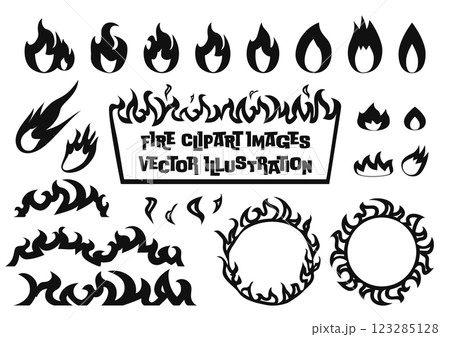 燃える炎・火のベクターイラストバリエーションセット 白黒のモノトーン 123285128
