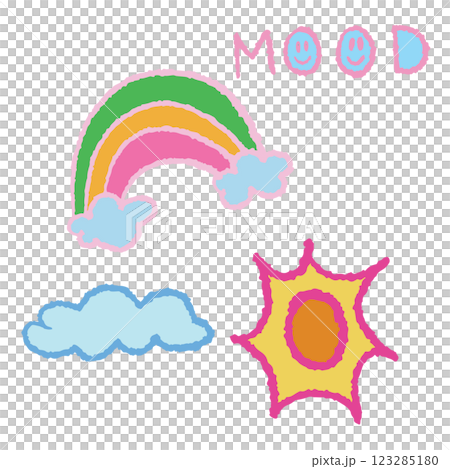 Hand drawn crayon illustration of rainbow, cloud, sun and MOOD letters for sticker, kid drawing elements, tattoo, decorations, patch, brooch, shirt print, sign, symbol, emoji, expression, Pride Month Hand drawn crayon illustration of rainbow, cloud, sun and MOOD letters for sticker, kid drawing elements, tattoo, decorations, patch, brooch, shirt print, sign, symbol, emoji, expression, Pride Month 123285180