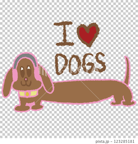 Hand drawn crayon illustration of I heart DOGS letters and dachshund puppy for pet, vet, shirt print, cute patch, brooch, adopt pet, rescue animals, foster home, shelter, font, typography, badge, text 123285181