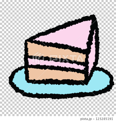 Hand drawn crayon illustration of cake slice on plate for birthday cake, sweet dessert, cafe, restaurant, menu, recipe, baking book, stickers, food, snack, cake shop, kids and children, brunch, card 123285191