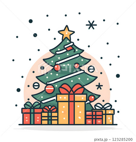 Evergreen tree with gifts under it, topped with a star 123285200