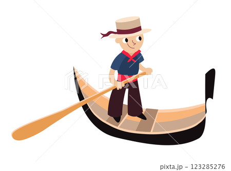 Gondolier on gondola. People and traditional activities in Italy. Symbols and isolated vector illustration on white background.  123285276