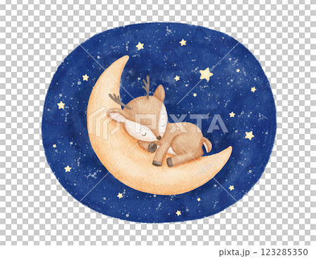Cute deer sleeping on moon in night sky, watercolor hand draw illustration for kids, painted drawing with isolated background Cute deer sleeping on moon in night sky, watercolor hand draw illustration for kids, painted drawing with isolated background 123285350