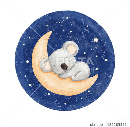 Baby koala sleeping on moon in night sky, watercolor hand draw illustration for kids, painted drawing with isolated background Baby koala sleeping on moon in night sky, watercolor hand draw illustration for kids, painted drawing with isolated background 123285351