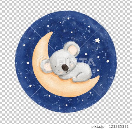 Baby koala sleeping on moon in night sky, watercolor hand draw illustration for kids, painted drawing with isolated background Baby koala sleeping on moon in night sky, watercolor hand draw illustration for kids, painted drawing with isolated background 123285351