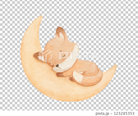 Baby cute fox sleeping on moon, watercolor hand draw illustration for kids, woodland animal, painted drawing with isolated background 123285353