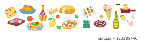 Set of food, food products of Italy. Food products and traditional cuisine. Symbols and isolated vector illustrations on white background. Set of food, food products of Italy. Food products and traditional cuisine. Symbols and isolated vector illustrations on white background. 123285440