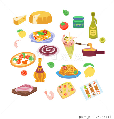 Set of food, food products of Italy. Food products and traditional cuisine. Symbols and isolated vector illustrations on white background. Set of food, food products of Italy. Food products and traditional cuisine. Symbols and isolated vector illustrations on white background. 123285441