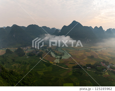 Drone aerial view of landscape mountains view in summer season,High angle view over countryside at northern Vietnam 123285962