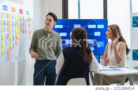 brainstorming session, using sticky notes on a task board (kanban) to organize ideas and workflow in a modern office brainstorming session, using sticky notes on a task board (kanban) to organize ideas and workflow in a modern office 123286014