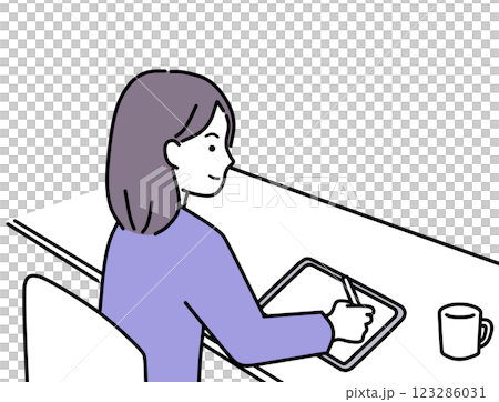 A woman drawing on a tablet PC with a touch pen in a cafe 123286031
