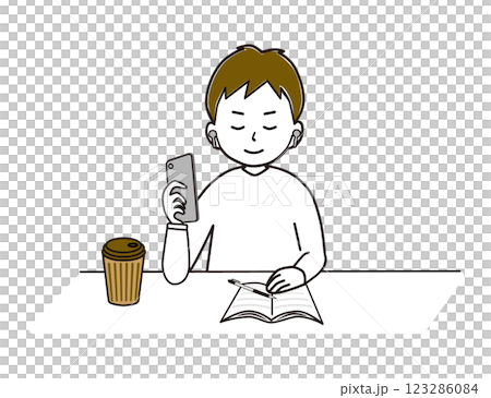 A man enjoying smartphone audio at a cafe on his day off 123286084