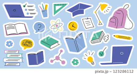 Vector sticker set with school and education icons. Doodle illustrations of books, pencils, rulers, backpacks for decorating planners, notebooks, journals, and study materials. Flat cartoon style 123286112
