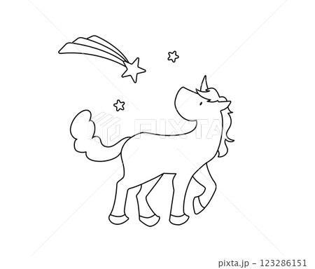 流れ星とユニコーンの夢かわいいシンプルな線画イラスト 123286151