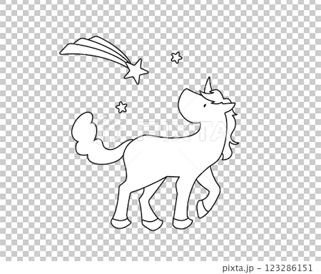 流れ星とユニコーンの夢かわいいシンプルな線画イラスト 123286151