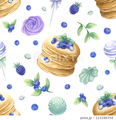 Pancakes with blueberry, blackberry and mint, marshmallow and cake pops watercolor isolated seamless pattern. Hand drawn illustration in purple and green color for kitchen textile, design of pastry. Pancakes with blueberry, blackberry and mint, marshmallow and cake pops watercolor isolated seamless pattern. Hand drawn illustration in purple and green color for kitchen textile, design of pastry. 123286358