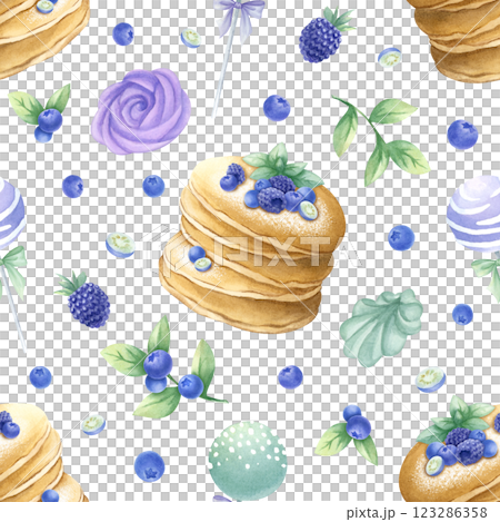 Pancakes with blueberry, blackberry and mint, marshmallow and cake pops watercolor isolated seamless pattern. Hand drawn illustration in purple and green color for kitchen textile, design of pastry. Pancakes with blueberry, blackberry and mint, marshmallow and cake pops watercolor isolated seamless pattern. Hand drawn illustration in purple and green color for kitchen textile, design of pastry. 123286358