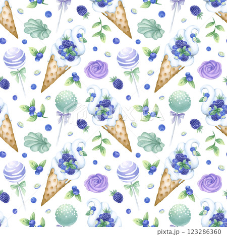 Ice cream with blueberry, blackberry and mint, marshmallow and cake pops watercolor isolated seamless pattern. Hand drawn illustration in purple and green color for kitchen textile, design of pastry. Ice cream with blueberry, blackberry and mint, marshmallow and cake pops watercolor isolated seamless pattern. Hand drawn illustration in purple and green color for kitchen textile, design of pastry. 123286360