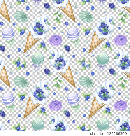 Ice cream with blueberry, blackberry and mint, marshmallow and cake pops watercolor isolated seamless pattern. Hand drawn illustration in purple and green color for kitchen textile, design of pastry. Ice cream with blueberry, blackberry and mint, marshmallow and cake pops watercolor isolated seamless pattern. Hand drawn illustration in purple and green color for kitchen textile, design of pastry. 123286360