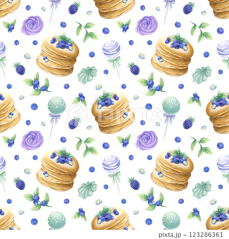 Pancakes with blueberry, blackberry and mint, marshmallow and cake pops watercolor isolated seamless pattern. Hand drawn illustration in purple and green color for kitchen textile, design of pastry. Pancakes with blueberry, blackberry and mint, marshmallow and cake pops watercolor isolated seamless pattern. Hand drawn illustration in purple and green color for kitchen textile, design of pastry. 123286361