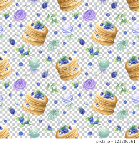 Pancakes with blueberry, blackberry and mint, marshmallow and cake pops watercolor isolated seamless pattern. Hand drawn illustration in purple and green color for kitchen textile, design of pastry. Pancakes with blueberry, blackberry and mint, marshmallow and cake pops watercolor isolated seamless pattern. Hand drawn illustration in purple and green color for kitchen textile, design of pastry. 123286361