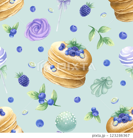 Pancakes with blueberry, blackberry, mint, marshmallow and cake pops watercolor seamless pattern on light green. Hand drawn illustration of delicious desserts for kitchen textile, design of pastry. 123286367