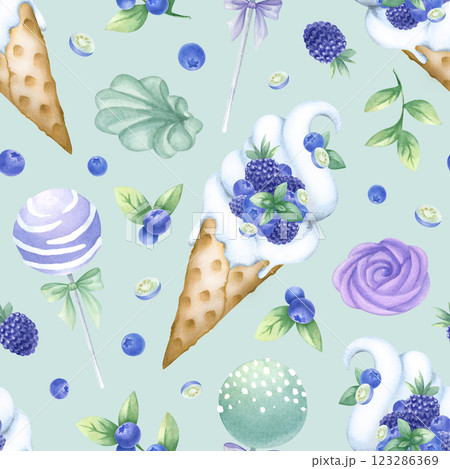 Ice cream with blueberry, blackberry, mint, marshmallow and cake pops watercolor seamless pattern on light green. Hand drawn illustration of delicious desserts for kitchen textile, design of pastry. 123286369