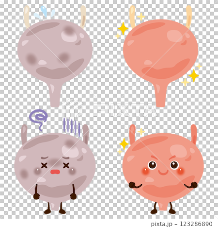 動きが鈍くなっている膀胱のキャラクターと元気な膀胱のキャラクター 123286890