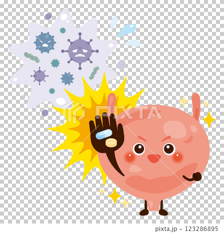 細菌を薬剤で治療して元気になる膀胱のキャラクターイラスト 123286895