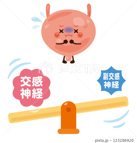バランスが崩れた自律神経と不健康な膀胱のキャラクターイラスト バランスが崩れた自律神経と不健康な膀胱のキャラクターイラスト 123286920