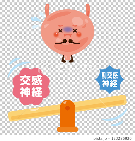 バランスが崩れた自律神経と不健康な膀胱のキャラクターイラスト バランスが崩れた自律神経と不健康な膀胱のキャラクターイラスト 123286920