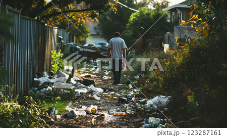 Man walking away in alley littered with trash. 123287161