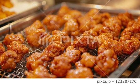 Glazed chicken pieces on display for serving. 123287170