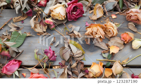 Wilted roses scattered on a wooden surface. 123287190