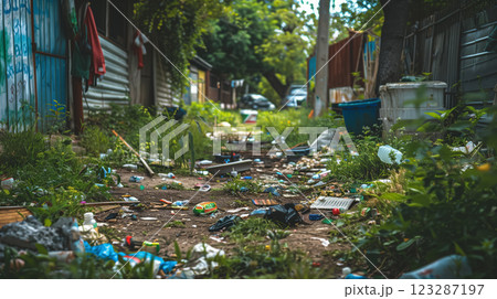 Litter-strewn alleyway amidst greenery. 123287197