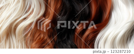 Sweeping strands of multicolored hair textures. 123287210