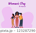 Illustration celebrating Women's Day on March 8. Features three diverse women standing together, symbolizing empowerment, unity, and gender equality 123287290
